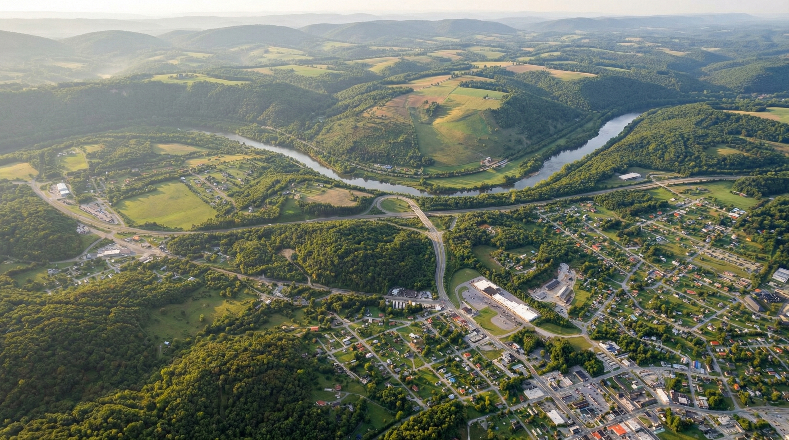 Wide view of Pearisburg streets, mountain scenery, and layered Appalachian ridges