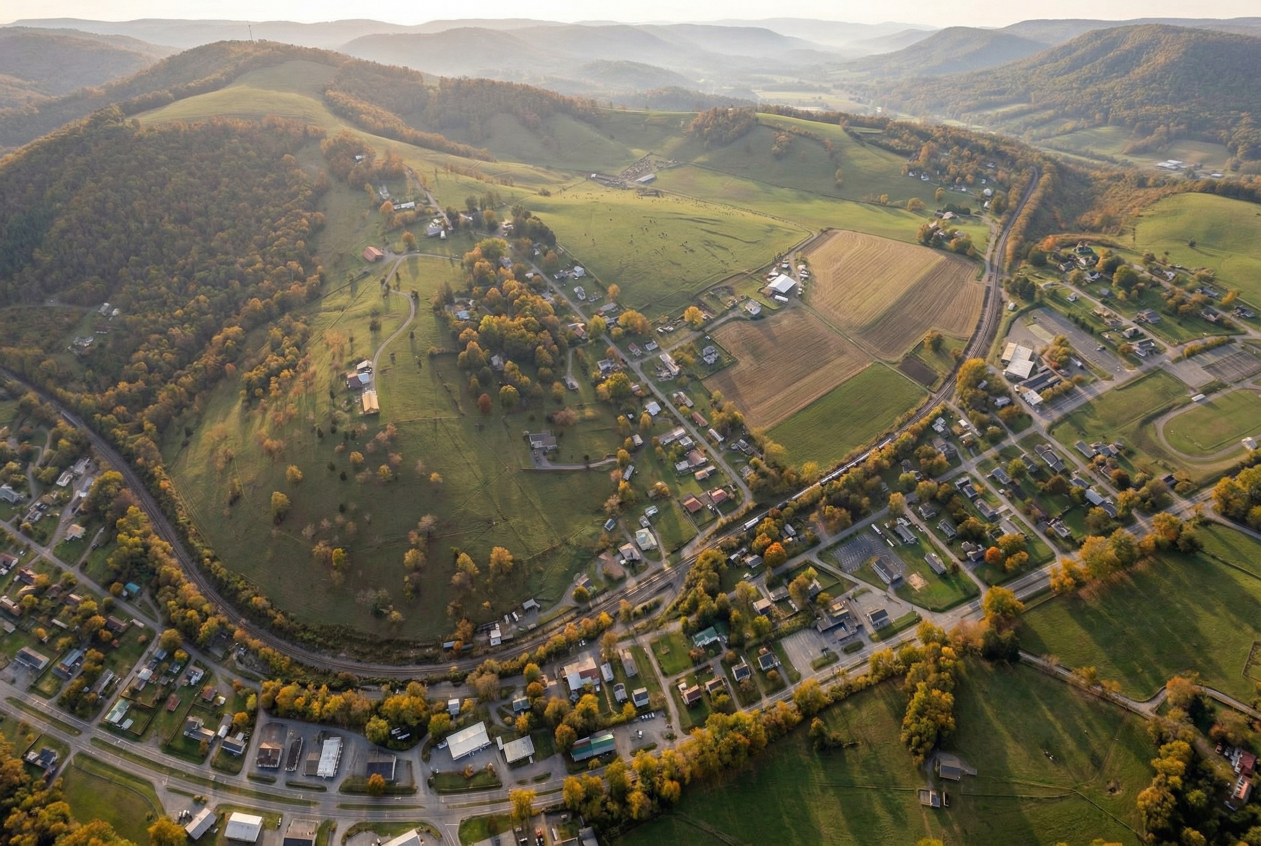 Wide view of Shawsville homes, wooded slopes, and the eastern Montgomery County valley