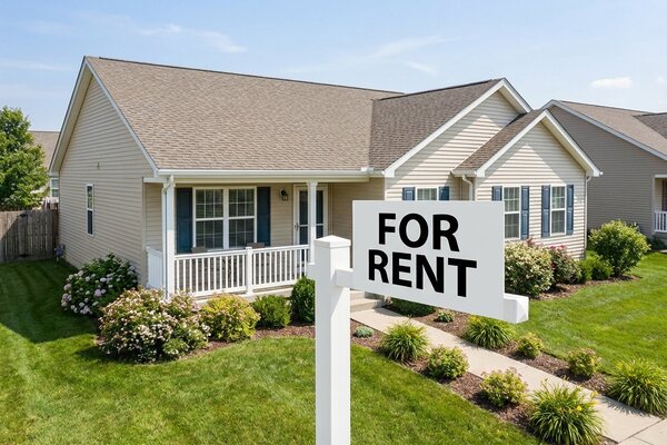 House exterior with FOR RENT sign